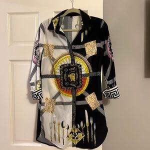 Greek Key Medusa shirt dress or beach cover medium large black & white multi